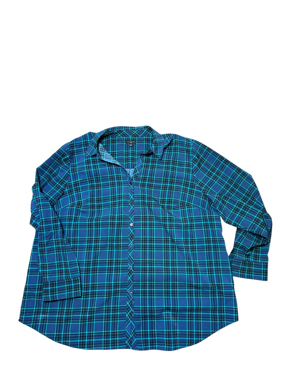Talbots blue plaid long roll tab sleeve button top size 3X lightweight collared - Picture 8 of 10